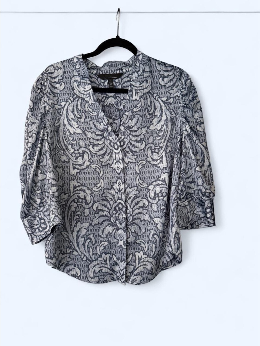 White House Black Market Gray and White Damask Button-Front Top